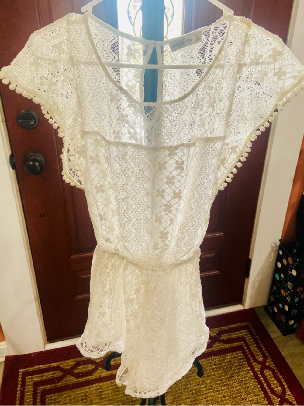 Abercrombie & Fitch Ivory Lace Romper with Pom-Pom Trim